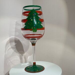 Wine Glass Festive Christmas Tree Hand Painted Rhinestones